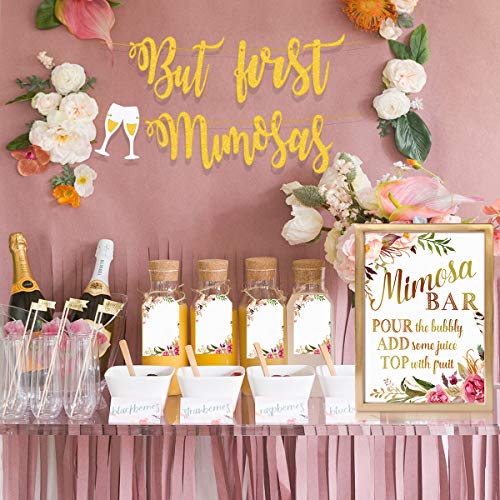 Product Cover MORDUN Mimosa Bar Sign Banner Tags - Gold Floral Decorations for Bridal Shower Bubbly Bar Champagne Brunch Baby Shower Wedding Engagement Birthday Party Graduation Fiesta