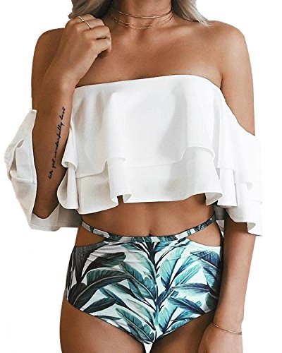 Product Cover Tempt Me Women Two Piece Swimsuit High Waisted Off Shoulder Ruffled Bikini Set