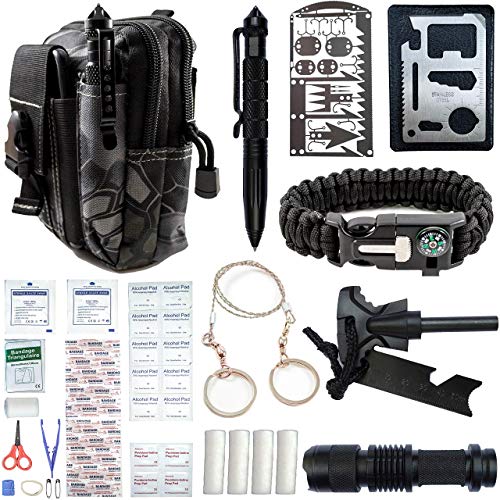 Product Cover Emergency Survival Kit With First Aid - Gear, Cool Gadgets, Tools For Men, Women. Hiking, Camping, Fishing, Hunting Accessories. Link Molle Pouch To Bag, Backpack. Best Military Equipment, Supplies