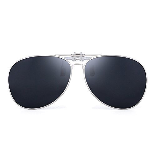 Product Cover Retro Clip on Aviator Sunglasses Polarized Flip up Lenses Driving Eyeglasses Men (Silver/Polarized Grey)
