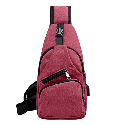 Product Cover Casual Sports Men Chest Pack Canvas Bag with USB Charging Port Sling Shoulder Backpack Crossbody Handbag for Boys - Red
