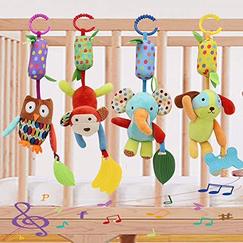Product Cover Baby Toy Soft Hanging Rattle Crinkle Squeaky Learning Toy with Teethers Plush Animal C-Clip Ring Infant Newborn Stroller Car Seat Crib Travel Activity Wind Chimes Hanging Toys for Boys Girls, 4 Pack