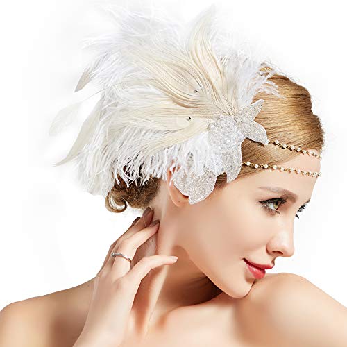 Product Cover BABEYOND Art Deco 1920s Flapper Headpiece Roaring 20s Great Gatsby Feather Headband 1920s Flapper Gatsby Accessories (Off-White)