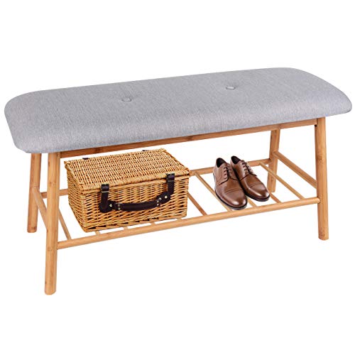 Product Cover Bamboo Upholstered Shoe Bench Seat - Entryway Hallway Ottoman Footstool, 1-Tier Rack for Storage Box & Shoes, Soft Grey Cushion, 35.5L x 13.4W x 17.7H Inch