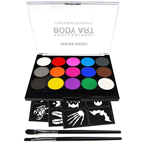 Product Cover Face Paint Kit for Kids, Professional Quality Face & Body Paint, Hypoallergenic Safe & Non-Toxic, Easy to Painting and Washing, Ideal for Halloween Party Face Painting, 15 Colors with Two Brush