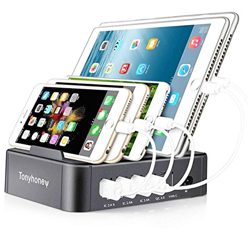 Product Cover USB Chargr Station for Multiple Devices, TONYHONEY 5 Port Quick Charger Charging Desk Docking Organizer with 3.0 Compatible with for Cellphones, Tablet, iPhone, ipad, Kindle
