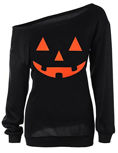 Product Cover TWKIOUE Women Halloween Pullover Tops Pumpkin Face Slouchy Off Shoulder Sweatshirts