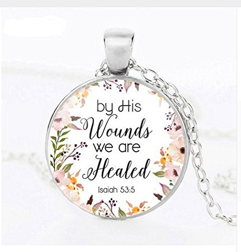 Product Cover by His Wounds We are Healed Necklace Bible Verse Glass Dome Pendant Necklace Fashion Christian Jewelry Women Men Gift