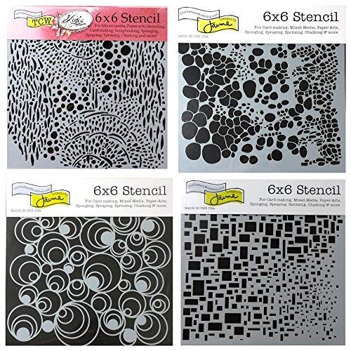 Product Cover 4 Crafters Workshop Mixed Media Stencils Set | for Arts, Card Making, Journaling, Scrapbooking | 6 inch x 6 inch Templates | Cell Theory, Mod Spirals, Cubist, Sea Bubbles
