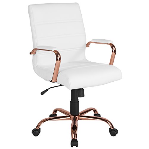 Product Cover Flash Furniture Mid-Back White Leather Executive Swivel Office Chair with Rose Gold Frame and Arms -