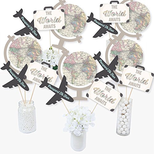 Product Cover World Awaits - Travel Themed Party Centerpiece Sticks - Table Toppers - Set of 15
