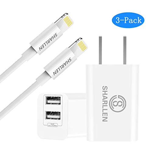 Product Cover Wall Chargers with 2x6 FT iPhone Charging Cables,Sharllen Dual Port USB Plug Power Adapter Travel iPhone Charger Cord Compatible iPhone Xs/Max/XR/X/8 Plus/8/7/7Plus/6s P/6/6P/iPad/iPod White 3 Pack