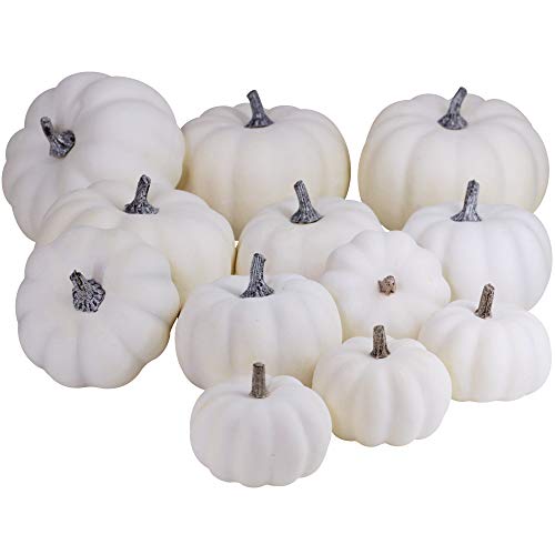 Product Cover besttoyhome 12 PCS Assorted Sizes Rustic Harvest White Artificial Pumpkins for Halloween, Fall Thanksgiving Decorating Harvest Embellishing and Displaying