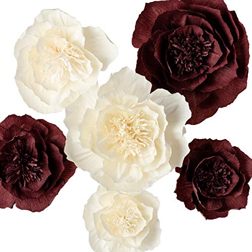 Product Cover Paper Flower Decorations, Giant Paper Flowers, Large Crepe Paper Flowers (Beige, Burgundy Set of 6), Handcrafted Flowers for Wedding Decor, Bridal Shower, Baby Shower, Nursery Wall Decorations