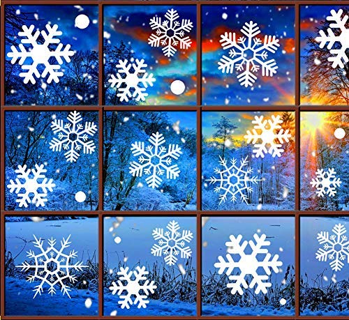 Product Cover Christmas Decorations Snowflake Window Clings, White Snowflakes Decorations, Winter Snowflake Decals Window Cling Stickers, Snow Ornaments Christmas Decor Gift for Kids [5 sheets, 180pcs]