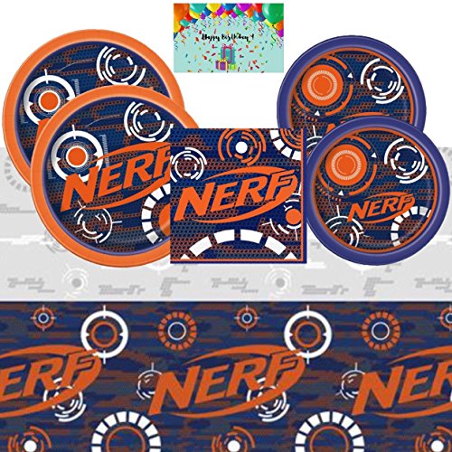Product Cover Nerf Birthday Party Supplies Pack for 16 - Lunch and Dessert Plates, Napkins, Table Cover Bundled with Custom Birthday Card By JPMD Party House