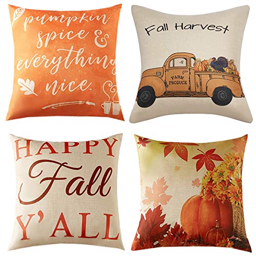 Product Cover Anickal Set of 4 Thanksgiving Pillow Covers Fall Harvest Theme Farmhouse Decorative Throw Pillow Covers 18x18 Inch for Home Couch Sofa Decorations