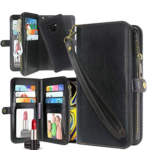 Product Cover Galaxy Note 9 Case, Harryshell Detachable PU Leather 11 Card Slots Mirror Zipper Wallet Flip Protective Case Cover Wrist Strap for Samsung Galaxy Note 9 (Black)