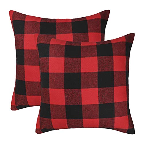 Product Cover 4TH Emotion Set of 2 Christmas Buffalo Check Plaid Throw Pillow Covers Cushion Case Cotton Polyester for Farmhouse Home Decor Red and Black, 18 x 18 Inches