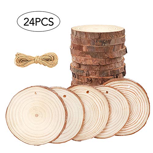 Product Cover CEWOR Natural Wood Slices 24pcs 3.1-3.5 Inches Crafts Christmas Ornaments Predrilled Craft Wood kit Unfinished Tree Bark Log Discs for DIY Arts Rustic Wedding Decoration