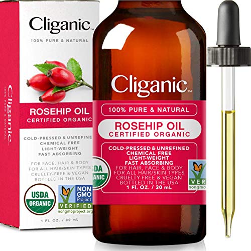 Product Cover Cliganic USDA Organic Rosehip Seed Oil for Face, 100% Pure | Natural Cold Pressed Unrefined Non-GMO | Carrier Oil for Skin, Hair & Nails