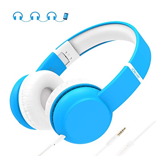 Product Cover iClever HS15 Kids Headphones - Wired Headphones for Kids Stereo Sound Adjustable Metal Headband Microphone Foldable Tangle-Free Wires 94dB Volume Limiting - Childrens Headphones Over Ear, Blue, Small
