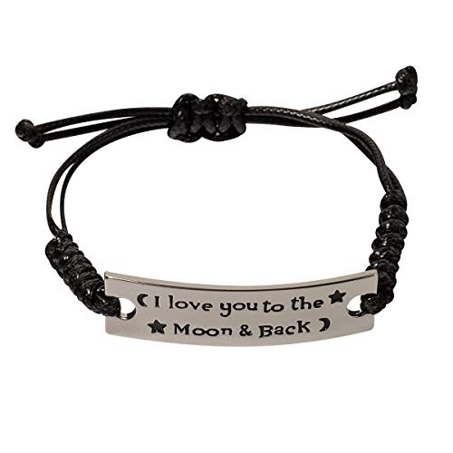 Product Cover Heazon Inspirational Bracelet Silver Engraved Bracelet Black Leather Cord I Love You to The Moon and Back for Women Teen Girls-RK0035