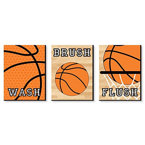Product Cover Big Dot of Happiness Nothin' but Net - Basketball - Kids Bathroom Rules Wall Art - 7.5 x 10 inches - Set of 3 Signs - Wash, Brush, Flush
