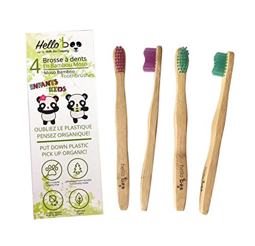 Product Cover Bamboo Toothbrush for kids | 4 Pack Biodegradable Tooth Brush Set | Organic Eco-Friendly Moso Bamboo with Ergonomic Handles and Soft Nylon Bristles | By Hello Eco Company