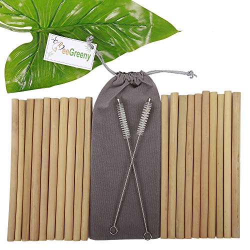 Product Cover Set of 20 Bamboo Straws by BeeGreeny - 8 Inches Natural Reusable Drinking Straw - with 2 Cleaning Brushes & Storage Pouch - Eco-Friendly Replacement for Plastic Ones
