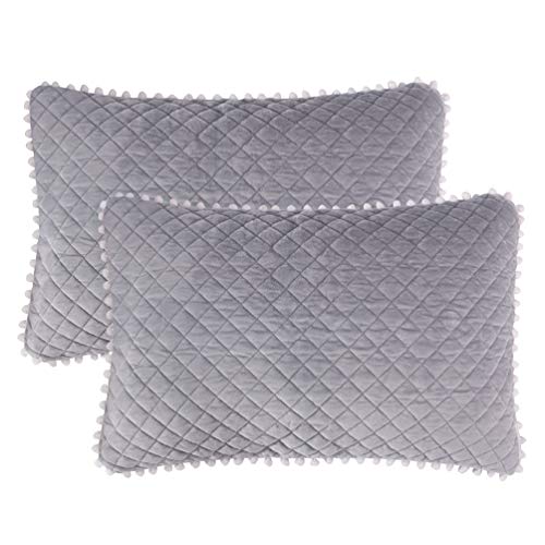 Product Cover LIFEREVO 2 Pack Diamond Quilted Crystal Velvet Mink Pillowcases Pompoms Fringe Zipper Closure (Standard/Queen Gray)