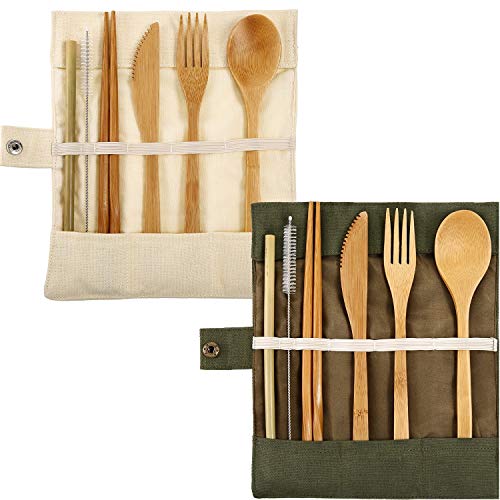 Product Cover Tatuo 2 Set Bamboo Cutlery Flatware Set Bamboo Travel Utensils Include Reusable Knife Fork Spoon Chopsticks Straws (White and Green)