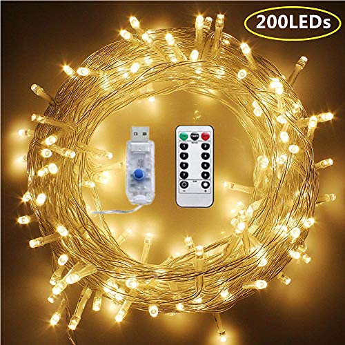 Product Cover 72FT 200 LED String Lights Warm White, Plug in String Lights 8 Modes Waterproof Fairy String Lights with Remote for Indoor Outdoor Christmas Tree Wedding Party Bedroom Wall Decoration (USB Powered)
