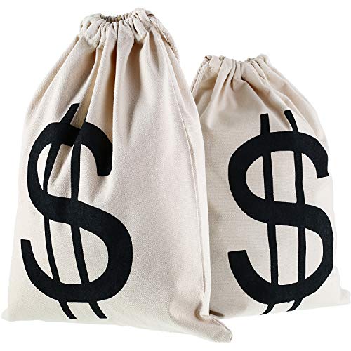 Product Cover Gejoy 2 Pieces Money Bags Drawstring Bag Canvas Bag with Dollar Sign Symbol for Toy Favor Bank Robber Themed Party, 30 by 40 cm
