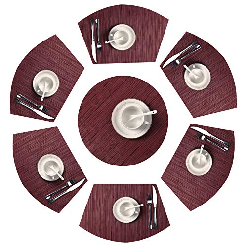 Product Cover SHACOS Round Table Placemats Set of 7 Wedge Place Mats with Centerpiece Heat Resistant Table Mats Wipeable(7, Burgundy Red)