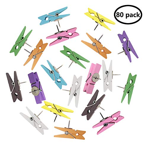 Product Cover EnewLife Pack of 80 Colorful ThumbNails Push Pins with Wooden Clips Pushpins Tacks Thumbtacks for Cork Boards Artworks Notes Photos and Craft Projects (80 Colorful)