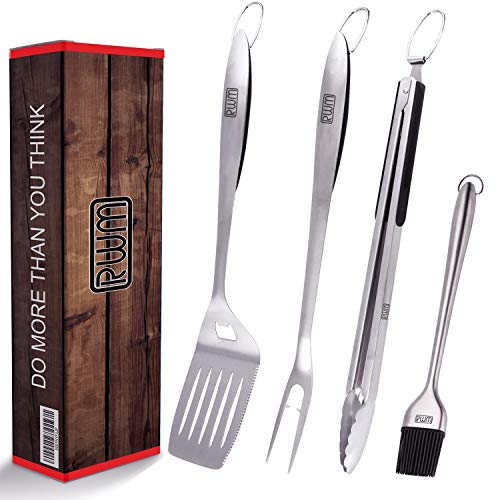 Product Cover RWM BBQ Grill Tool Set - Heavy Duty Extra Thick Stainless Steel Grill Utensil Set, Spatula, Basting Brush, Fork & Tongs Perfect BBQ Grilling Accessories, Gift Box Package