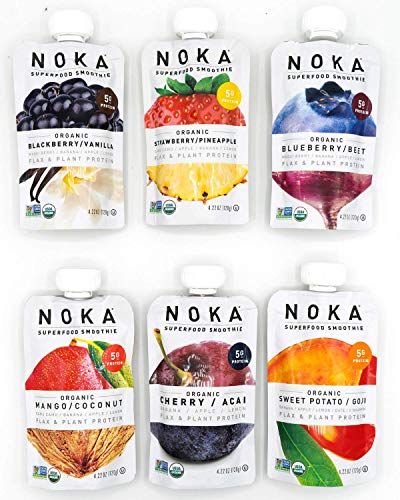 Product Cover NOKA Superfood Pouches (6 Flavor Variety) 6 Pack | 100% Organic Fruit And Veggie Smoothie Squeeze Packs | Non GMO, Gluten Free, Vegan, 5g Plant Protein | 4.2oz Each