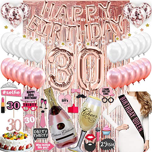 Product Cover 30th BIRTHDAY DECORATIONS| with Photo Props 30 Birthday Party Supplies| 30 Cake Topper Rose Gold| Banner| Rose Gold Confetti Balloons for her| Dirty Thirty| Silver Curtain Backdrop Props 30th Bday