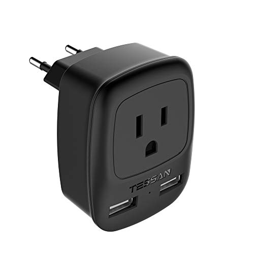 Product Cover European Plug Adapter, TESSAN USA to Most of Europe Outlet Travel Adapter with 2 USB Charging Ports - 3 in 1 Europlug Power Adaptor -Type C Plug