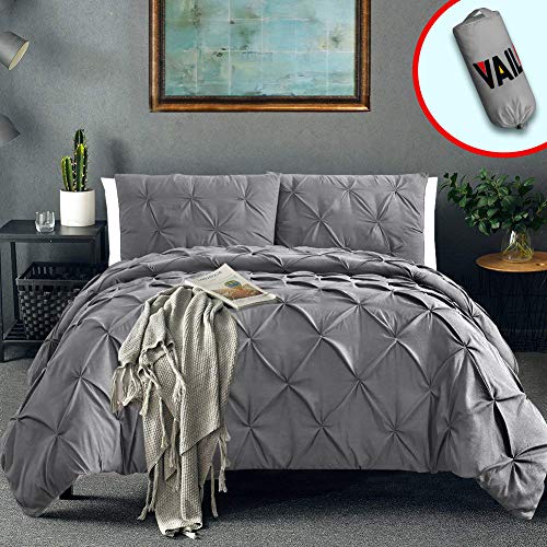Product Cover Vailge 3 Piece Pinch Pleated Duvet Cover with Zipper Closure, 100% 120gsm Microfiber Pintuck Duvet Cover, Luxurious & Hypoallergenic Pintuck Decorative(Grey, King)