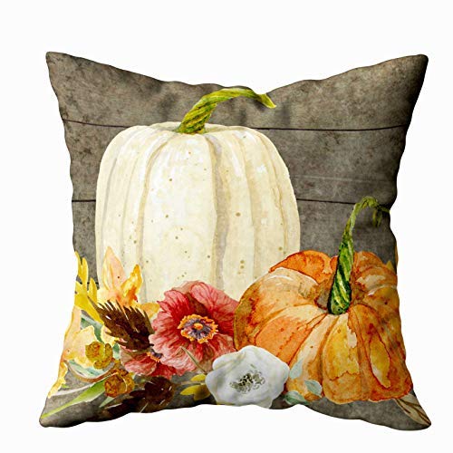 Product Cover EMMTEEY Home Decor Throw Pillowcase for Sofa Cushion Cover,Watercolor White Pumpkin red Poppy Fall Leaf Wood Decorative Square Accent Zippered and Double Sided Printing Pillow Case Covers 20X20Inch