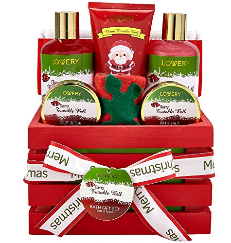 Product Cover Bath and Body Christmas Gift Basket For Women and Men - Cherry Twinkle Bell Home Spa Set, Includes Fragrant Body Lotions, Bath Salts, Stocking Stuffer, Loofah Scrubber and More