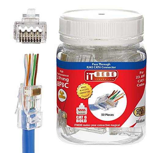 Product Cover ITBEBE 50 Pieces Gold Plated End Pass Through RJ45 Cat6, Cat6a Bold Connector for 23 AWG Cables