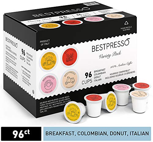 Product Cover Bestpresso Coffee, Variety Pack Single Serve K-Cup, 96 Count. Includes Breakfast, Colombain, Donut and Italian (Compatible With 2.0 Keurig Brewers) 8 Packs Of 12 Cups
