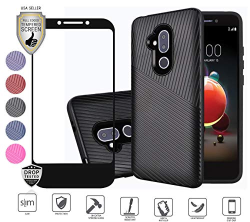 Product Cover Compatible for Alcatel 7 Case, Revvl 2 Plus Case, with full screen Tempered Screen Protector, Textured lined Hybrid Dual Layer Tough Shockproof Rugged Ultra strong [Drop-Protection] Cover Case (Black)