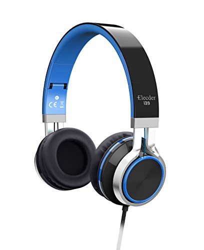 Product Cover Elecder i39 Headphones with Microphone Foldable Lightweight Adjustable On Ear Headsets with 3.5mm Jack for iPad Cellphones Computer MP3/4 Kindle Airplane School Blue/Black