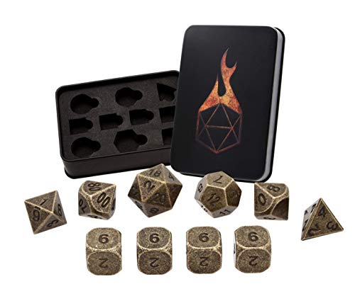 Product Cover Forged Dice Co. Metal Dice Set - Polyhedral Dice Set of 10 with Dice Storage Tin and Stickers - Metal DND Dice and Gaming Dice for Dungeons and Dragons RPG Games Thieves Gold Set of 10