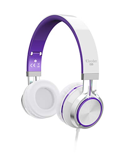 Product Cover Elecder i39 Headphones with Microphone Foldable Lightweight Adjustable On Ear Headsets with 3.5mm Jack for iPad Cellphones Computer MP3/4 Kindle Airplane School Purple/White