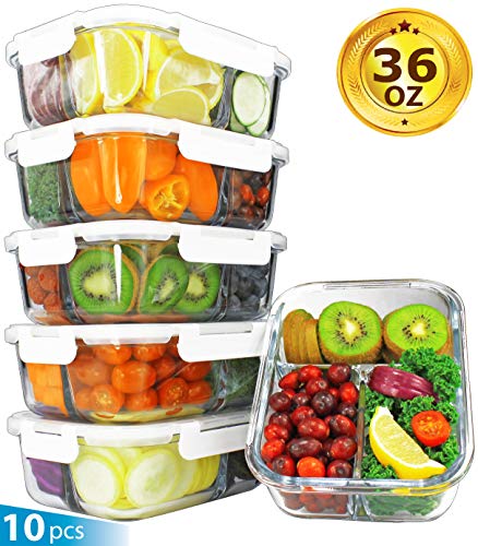 Product Cover [36oz, 5-Pack Premium] Glass Meal Prep Containers 3 Compartment Set- Food Lunch Storage- Airtight Locking Lids - Portion Control -Microwave, Freezer, Oven & Dishwasher Safe (4.5 Cups)